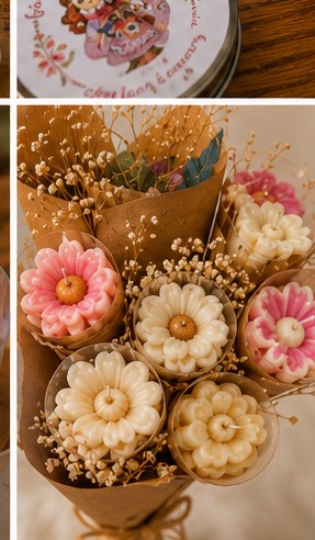 Buquê de velas florais rosa e branca